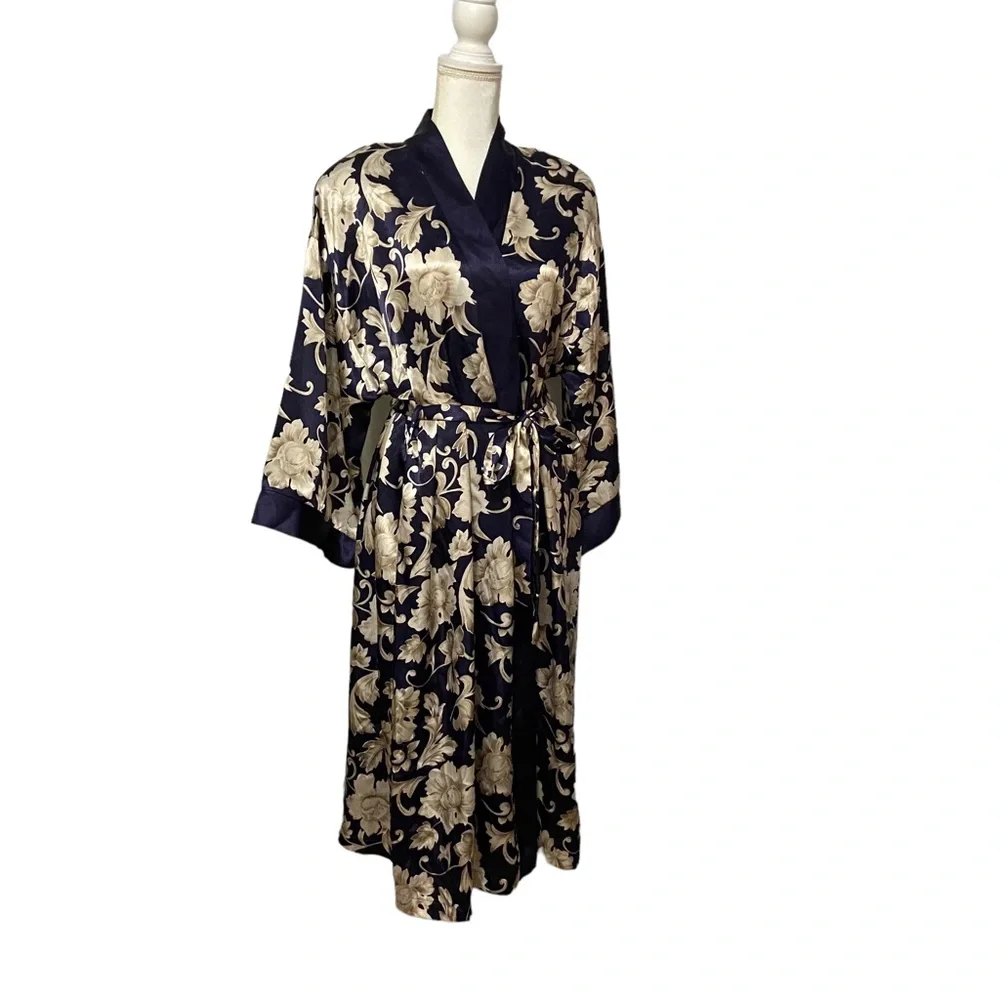 80’s VTG Adonna Kimono Satin Women’s Medium Floral Print Robe Navy Blue Romantic